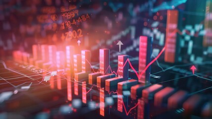 A 3D rendered image of a financial chart with bars and a red line showing an upward trend.