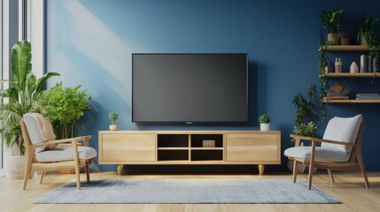 Modern living room with a television, comfortable seating, and indoor plants in bright lighting