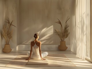 Graceful Pilates Instructor Practices Zen Like Pose in Serene Minimalist Studio