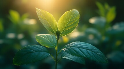 Closeup of a vibrant green sprout with sunlight shining through the leaves.