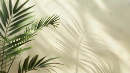 Fototapeta premium Close up of green palm leaves casting shadows on a cream wall.