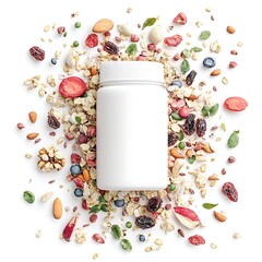 Granola  Nuts  Berries and Dried Fruit with White Jar Mockup