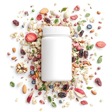 Granola  Nuts  Berries and Dried Fruit with White Jar Mockup