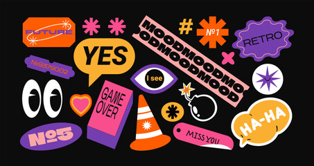 Futuristic y2k patches, labels, tags, stickers, bracelet stamps in retro style. Cartoon stickers in funky hipster groovy grunge 90s style. Vector set, trendy promo labels