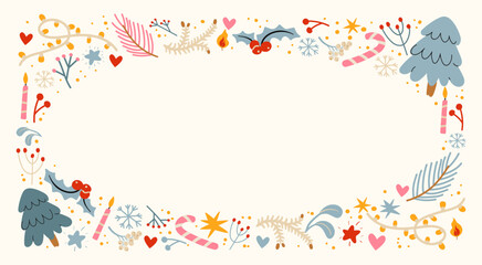 Christmas new year frame and in cartoon style. Holiday border poster, santa, christmas tree, coziness. Seasonal postcard design vector illustrations in retro groovy style.