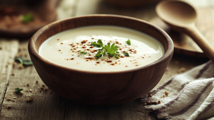  a close up of a potato soup in a wooden bowl