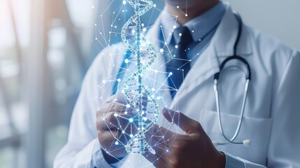 A doctor holds a glowing digital model of a DNA helix surrounded by a network of interconnected points.