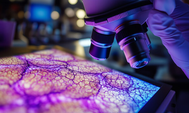 Close-up of an artificial skin sample under a microscope, revealing intricate cellular structures. The vibrant colors highlight the detailed texture and composition, showcasing advancements in tissue 
