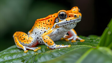 Fototapeta premium Amazon Horned Frog sitting on a bright green leaf, its vibrant colors standing out