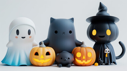 Obraz premium Halloween character with pumpkin and ghosts white background.. grim reaper, ghost, pumpkin and cute cat mascot cartoon