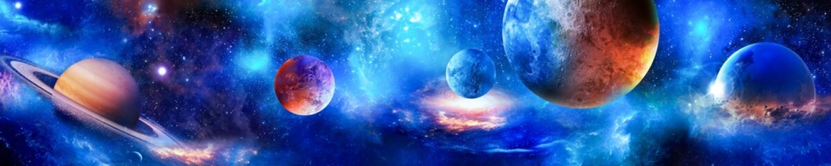 Obraz premium Dramatic space panorama with distant galaxies and interstellar clouds