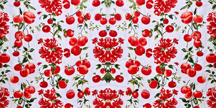Papel de parede de estampa florida vermelha para mesa de jantar. Estampa de pano com flores e frutas