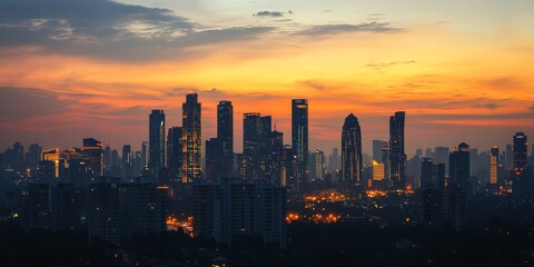 Obraz premium Stunning sunset over skyscrapers in a bustling city with vibrant orange and purple hues