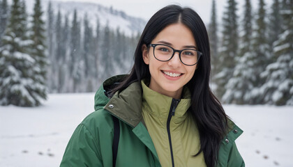A young woman with long dark hair wearing glasses , a green jacket, smiling in front of a snowy mountain landscape 