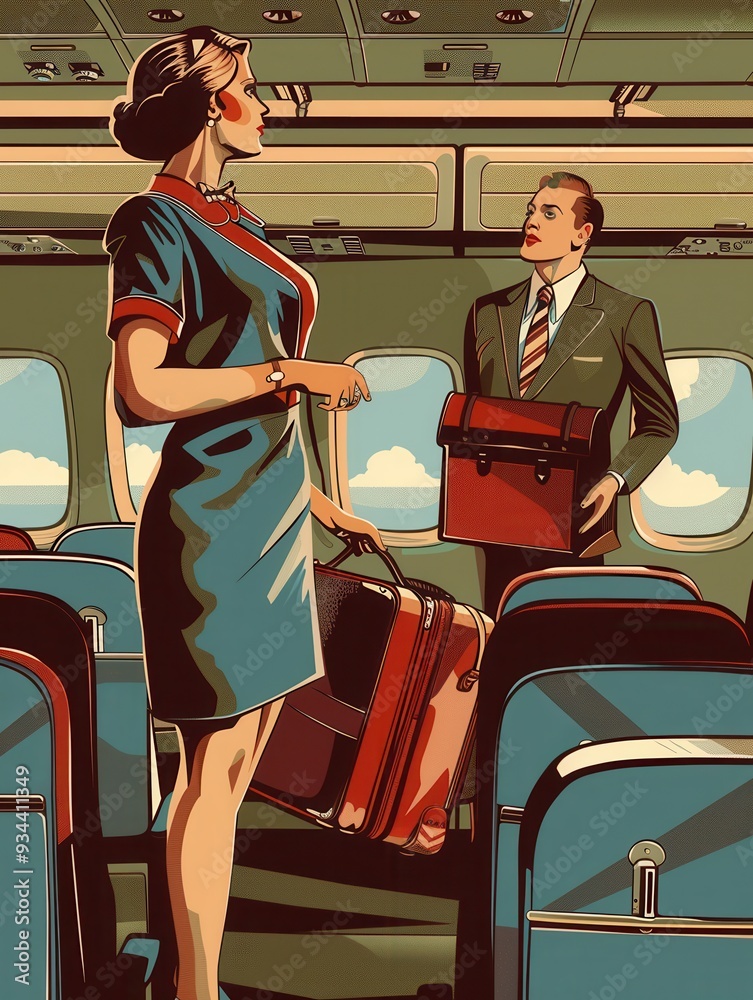 Poster a flight attendant in a uniform helps a passenger with their luggage while the aircraft is in flight