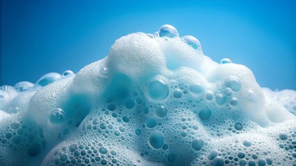 Close-Up of White Shampoo Foam on Blue Background for Skincare and Beauty Concepts