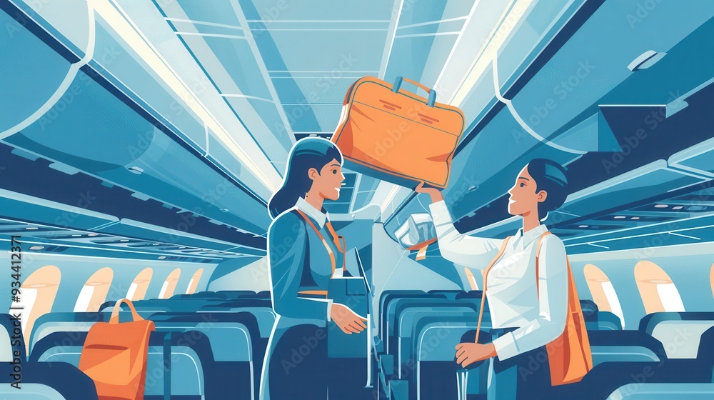 Poster a flight attendant helps a traveler with their suitcase while preparing for departure inside the air