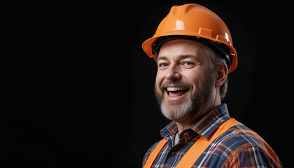 A construction worker man with a beard wearing an orange hard hat and a plaid shirt , looking happy against a dark background 