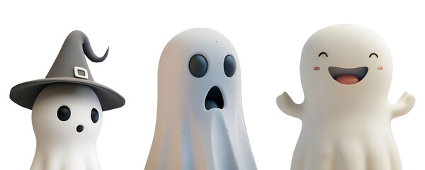 Obraz premium Set Collection of Halloween Ghost Character in Cartoon Style Animation: Close Up 3D Illustration, Isolated on Transparent Background, PNG