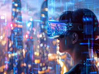 Obraz premium Futuristic Augmented Reality Overlays in Utopian Megacity Landscape
