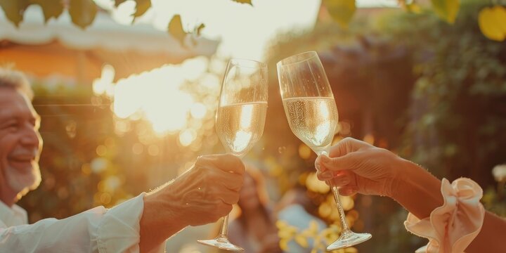 Senior couple toasting with champagne glasses in a loving celebration of their wedding anniversary at home, enjoying a heartfelt moment together.