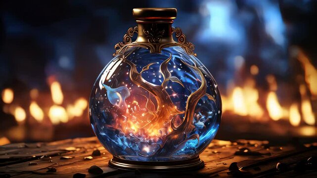 Burning magic potion in crystal bottle. Halloween witchcraft and alchemy concept