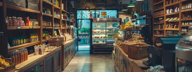 Naklejka premium Cozy interior of a rustic grocery store with wooden shelves