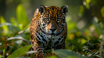 Amazon Jaguar in its natural habitat, stalking through the dense rainforest underbrush, illuminated by dappled sunlight breaking through the canopy,