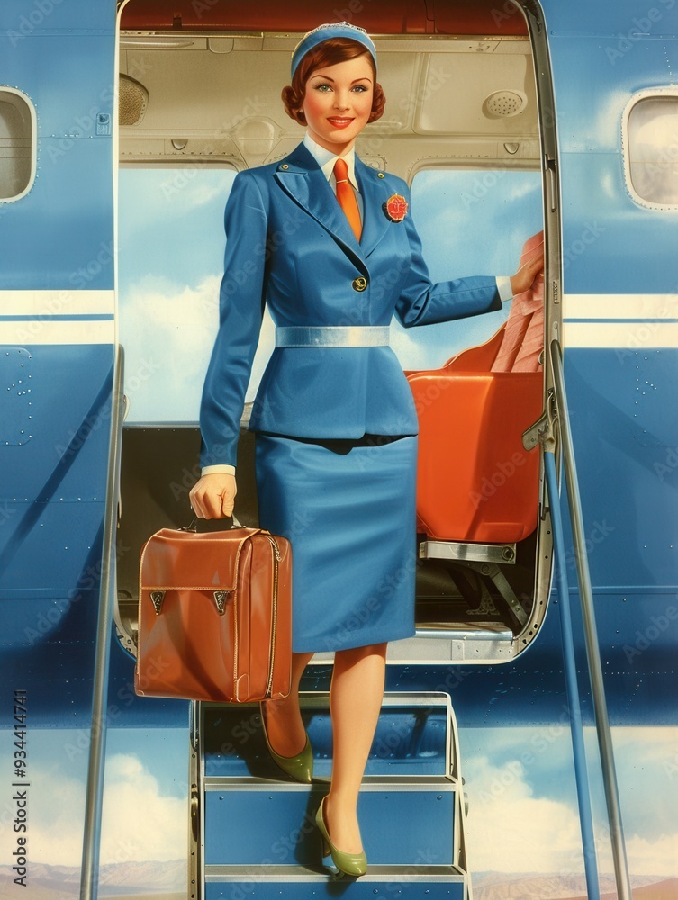Poster the flight attendant, dressed in a vibrant uniform, smiles warmly while holding a briefcase and step