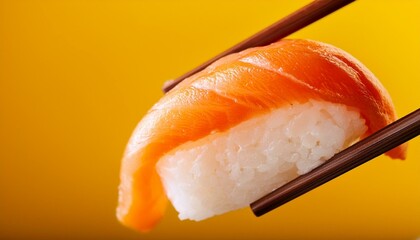 A closeup view of a pair of chopstick holding on to a sushi with an orange background; macro shot of a sushi being held between chopsticks; food photography; selective focus; Japanese food and cuisine