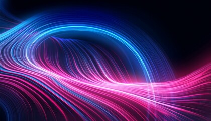 Obraz premium Futuristic wavelengths in blue and pink neon colors creating a rhythm background; dark background; 3D art; wavy and curvy lines creating a high tech background with bright glowing colors; technology