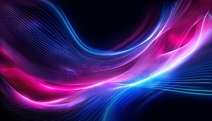 Futuristic wavelengths in blue and pink neon colors creating a rhythm background; dark background; 3D art; wavy and curvy lines creating a high tech background with bright glowing colors; technology