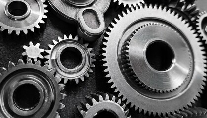 A closeup view of metal gears in action; a group of metal gears in focus; industry and machinery; heavy machinery metal gears in a manufacturing facility; detail photography