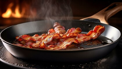 Sizzling bacon on a frying pan; food cooking photography; a pan filled with bacon cooking into crisp; delicious bacon in the pan sizzling and smoke is coming up