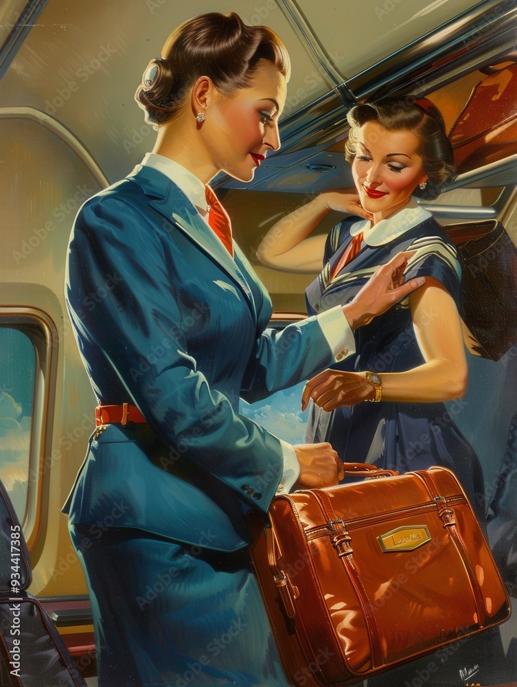 Poster two flight attendants help a passenger with her luggage while warmly interacting in an aircraft cabi