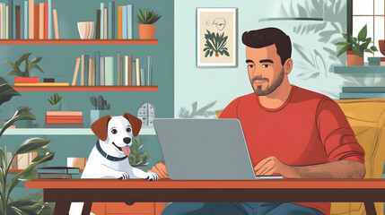 Man Working at Laptop Computer with His Dog at Home, Remote Work Setup, Pet-Friendly Office, Home Office Scene with Canine Companion