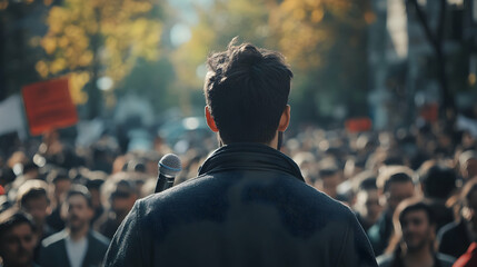 An individual delivering a speech in an outdoor setting before an audience of political party members.