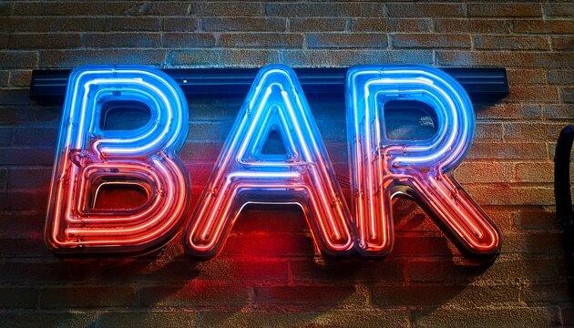 A glowing neon sign that says Bar against a dark brick wall; neon signage; a bar sign for patrons to patronize the bar and being able to find the bar location - Powered by Adobe