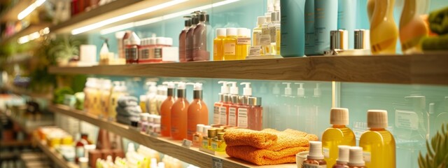 Well-lit store shelves filled with beauty and skincare products
