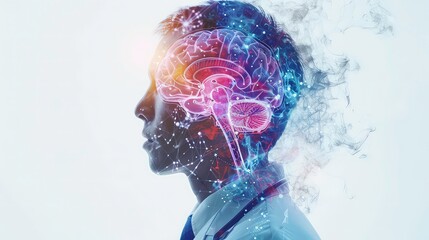 A digital illustration of a person's head with a transparent brain overlay. The brain is outlined in a bright pink and blue. It has a blurred smoky background with white dots.