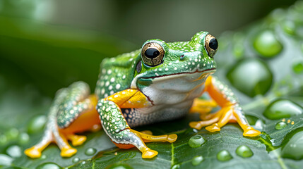 Amazon Leaf Frog sitting on a bright green leaf, its vibrant green color standing out