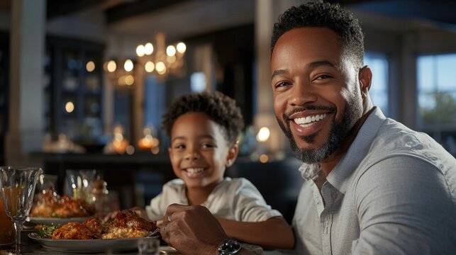 Smiling moments: happy Black people eating together, highlighting the pure joy and contentment found in shared meals, conversation, and the enjoyment of delicious food