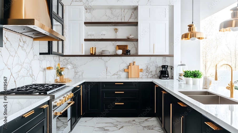 Sticker A contemporary, chic kitchen featuring stylish black and white cabinets, golden fixtures, and marble tiles
