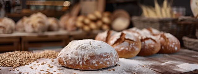 Freshly baked artisanal bread with flour dusting