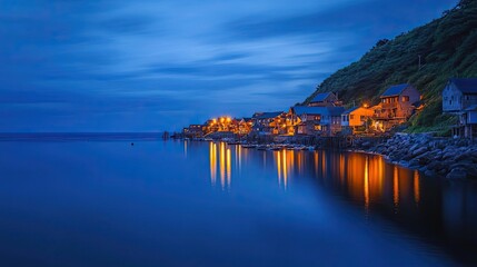 Naklejka premium Illuminated Coastal Village at Twilight with Calm Water Reflections