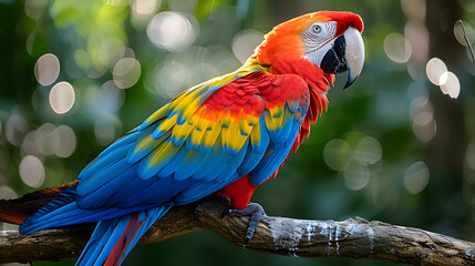 Obraz premium Amazon Macaw perched on a branch, its bright feathers contrasting against the green leaves