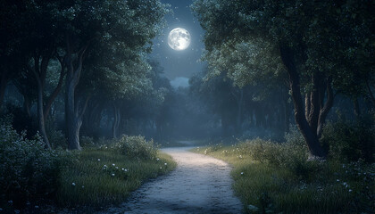 Moonlit Path Through Enchanted Forest, ultra-realistic, high resolution,