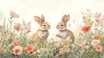 Obraz premium A pastel-toned watercolor scene of rabbits in a lush meadow, designed for a child's room, blending charm and vibrant colors in a soothing composition