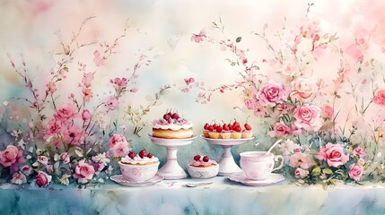 Enchanting garden party with tea and cakes, painted in pastel watercolors, ideal for a child's room, full of charm and joyful ambiance