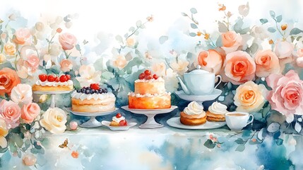 Colorful watercolor of a garden party with tea and cakes, designed for a child's room, in soft pastel hues, evoking warmth and delight